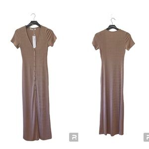 NWT Morning Mist Button‎ Down Short Sleeve Slinky Shirt Maxi Dress in Beige